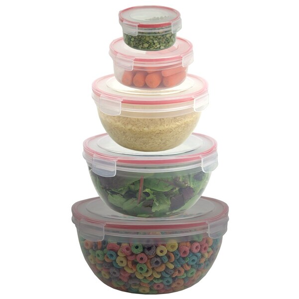 Home Basics 10 Piece Locking Round Plastic Food Storage Containers with SnapOn Lids, Red - SC45836