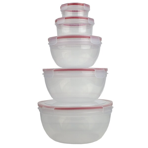 Home Basics 10 Piece Locking Round Plastic Food Storage Containers with SnapOn Lids, Red - SC45836