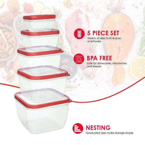Home Basics 10 Piece SpillProof Square Plastic Food Storage Container SnapOn Lids, Red - SC44552