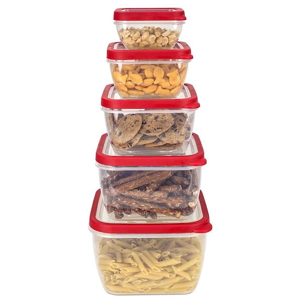Home Basics 10 Piece SpillProof Square Plastic Food Storage Container SnapOn Lids, Red - SC44552
