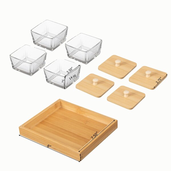 Basicwise Set of 4 Square Glass Jars with Bamboo Lids and Wooden Tray - Square Charcuterie, Snack - QI004711.4
