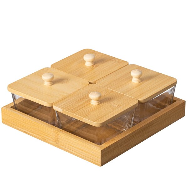 Basicwise Set of 4 Square Glass Jars with Bamboo Lids and Wooden Tray - Square Charcuterie, Snack - QI004711.4