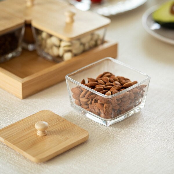 Basicwise Set of 4 Square Glass Jars with Bamboo Lids and Wooden Tray - Square Charcuterie, Snack - QI004711.4