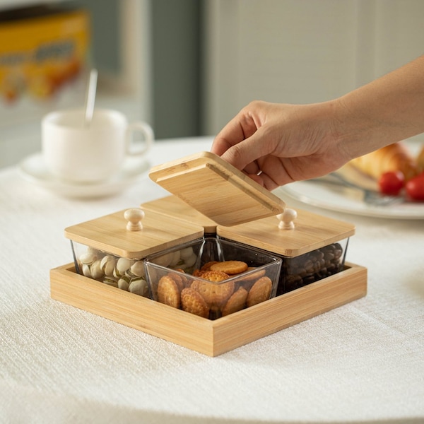 Basicwise Set of 4 Square Glass Jars with Bamboo Lids and Wooden Tray - Square Charcuterie, Snack - QI004711.4