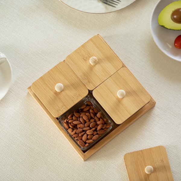 Basicwise Set of 4 Square Glass Jars with Bamboo Lids and Wooden Tray - Square Charcuterie, Snack - QI004711.4