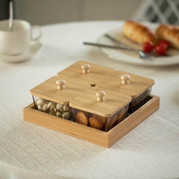Basicwise Set of 4 Square Glass Jars with Bamboo Lids and Wooden Tray - Square Charcuterie, Snack - QI004711.4