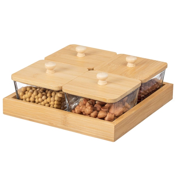 Basicwise Set of 4 Square Glass Jars with Bamboo Lids and Wooden Tray - Square Charcuterie, Snack - QI004711.4