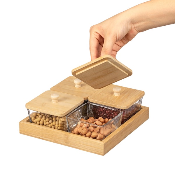 Basicwise Set of 4 Square Glass Jars with Bamboo Lids and Wooden Tray - Square Charcuterie, Snack - QI004711.4