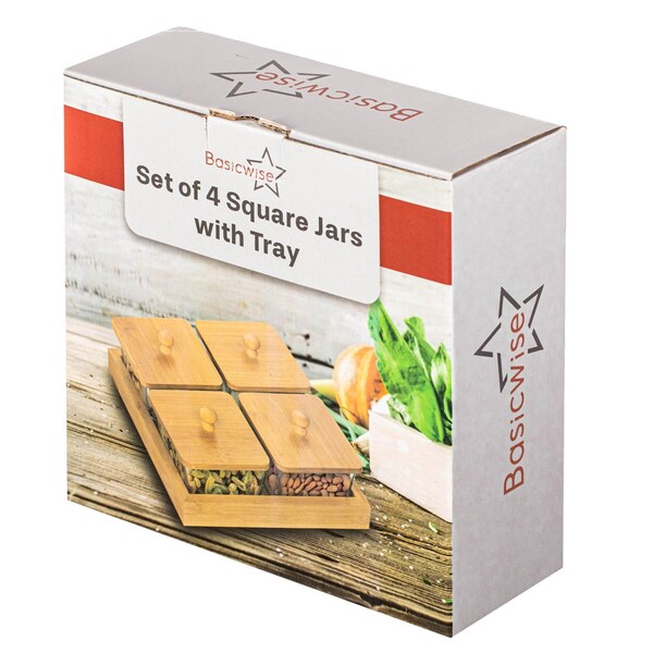 Basicwise Set of 4 Square Glass Jars with Bamboo Lids and Wooden Tray - Square Charcuterie, Snack - QI004711.4