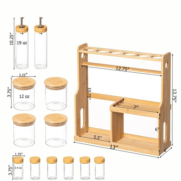 Basicwise 3-Tier Bamboo Spice Rack with 6 Spice Shaker Bottles, 4 Airtight Jars and 2 Soy Sauce or Olive - QI004708