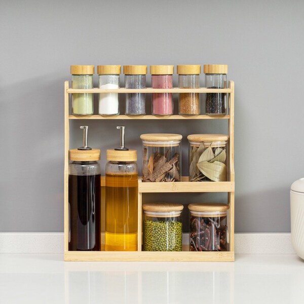 Basicwise 3-Tier Bamboo Spice Rack with 6 Spice Shaker Bottles, 4 Airtight Jars and 2 Soy Sauce or Olive - QI004708