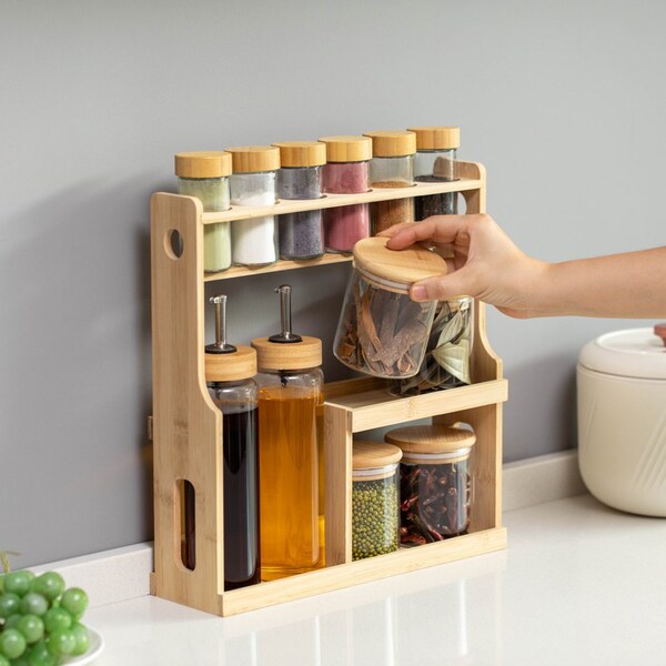Basicwise 3-Tier Bamboo Spice Rack with 6 Spice Shaker Bottles, 4 Airtight Jars and 2 Soy Sauce or Olive - QI004708
