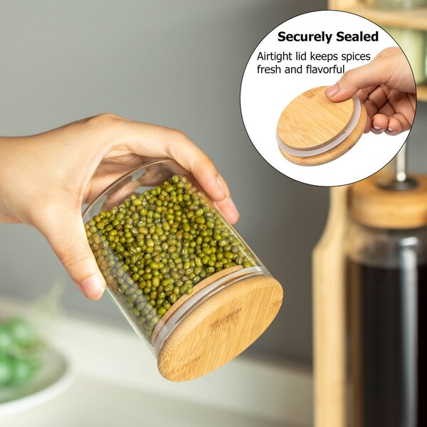 Basicwise 3-Tier Bamboo Spice Rack with 6 Spice Shaker Bottles, 4 Airtight Jars and 2 Soy Sauce or Olive - QI004708