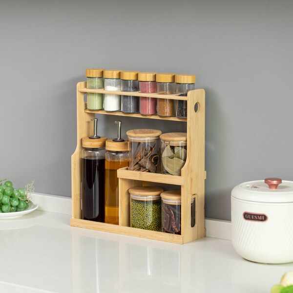 Basicwise 3-Tier Bamboo Spice Rack with 6 Spice Shaker Bottles, 4 Airtight Jars and 2 Soy Sauce or Olive - QI004708