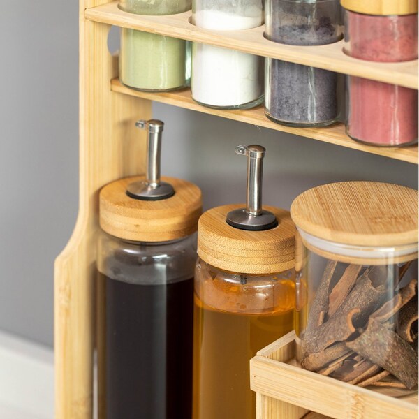 Basicwise 3-Tier Bamboo Spice Rack with 6 Spice Shaker Bottles, 4 Airtight Jars and 2 Soy Sauce or Olive - QI004708