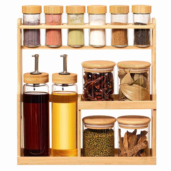Basicwise 3-Tier Bamboo Spice Rack with 6 Spice Shaker Bottles, 4 Airtight Jars and 2 Soy Sauce or Olive - QI004708