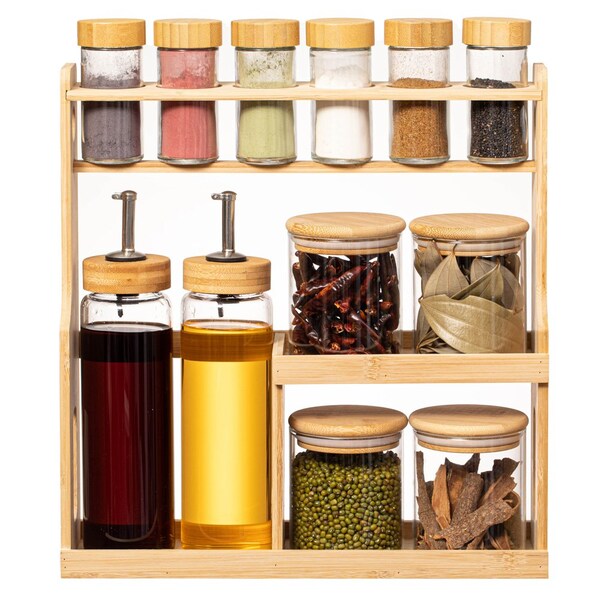 Basicwise 3-Tier Bamboo Spice Rack with 6 Spice Shaker Bottles, 4 Airtight Jars and 2 Soy Sauce or Olive - QI004708