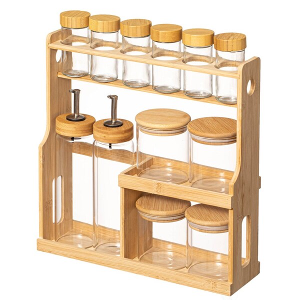 Basicwise 3-Tier Bamboo Spice Rack with 6 Spice Shaker Bottles, 4 Airtight Jars and 2 Soy Sauce or Olive - QI004708