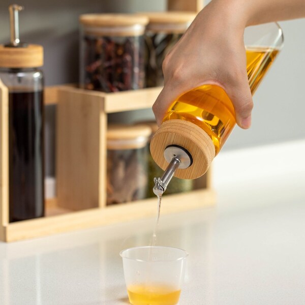 Basicwise 3-Tier Bamboo Spice Rack with 6 Spice Shaker Bottles, 4 Airtight Jars and 2 Soy Sauce or Olive - QI004708
