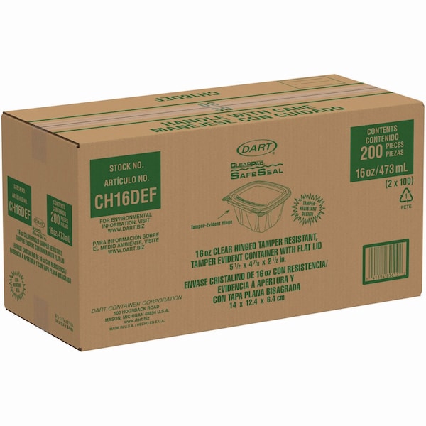 Dart ClearPac Container, 4.9 x 2.5 x 5.5, 16 oz, Clear, PK200 - CH16DEF