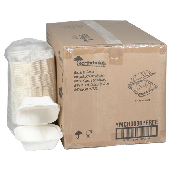 Pactiv Evergreen EarthChoice PFAS Free Compostable Hinged Lid Container, 6 x 6 x 3, Natural, Sugarcane, PK500 - YMCH0080PFFR