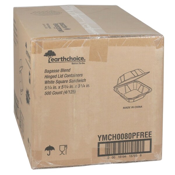 Pactiv Evergreen EarthChoice PFAS Free Compostable Hinged Lid Container, 6 x 6 x 3, Natural, Sugarcane, PK500 - YMCH0080PFFR