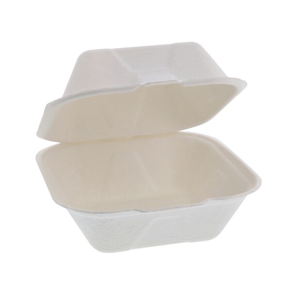 Pactiv Evergreen EarthChoice PFAS Free Compostable Hinged Lid Container, 6 x 6 x 3, Natural, Sugarcane, PK500 - YMCH0080PFFR