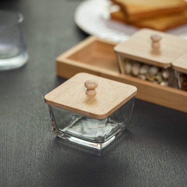 Basicwise Set of 3 Square Glass Jars with Bamboo Lids and Wooden Tray - Rectangular Charcuterie, Snack - QI004711.3