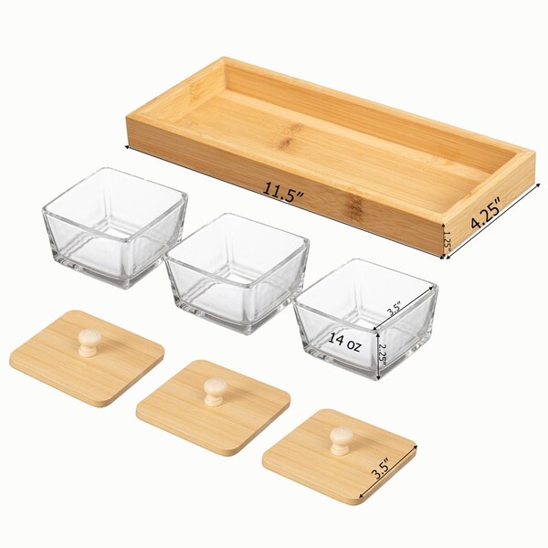 Basicwise Set of 3 Square Glass Jars with Bamboo Lids and Wooden Tray - Rectangular Charcuterie, Snack - QI004711.3