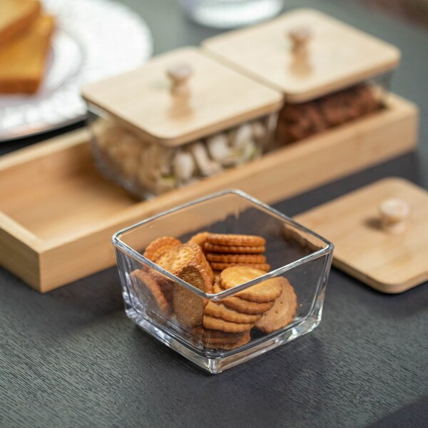 Basicwise Set of 3 Square Glass Jars with Bamboo Lids and Wooden Tray - Rectangular Charcuterie, Snack - QI004711.3