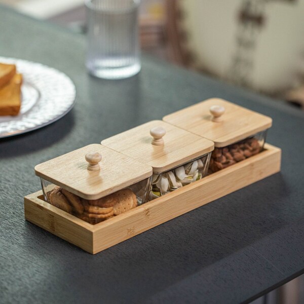 Basicwise Set of 3 Square Glass Jars with Bamboo Lids and Wooden Tray - Rectangular Charcuterie, Snack - QI004711.3