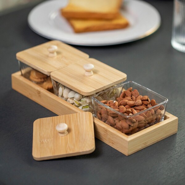 Basicwise Set of 3 Square Glass Jars with Bamboo Lids and Wooden Tray - Rectangular Charcuterie, Snack - QI004711.3