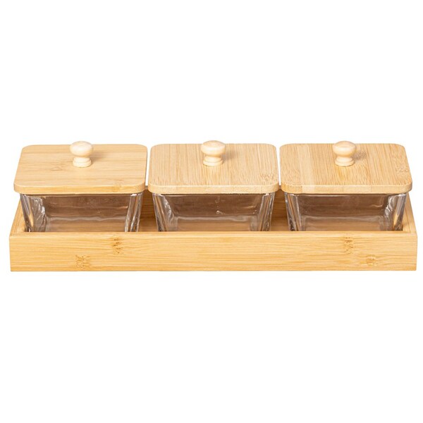 Basicwise Set of 3 Square Glass Jars with Bamboo Lids and Wooden Tray - Rectangular Charcuterie, Snack - QI004711.3