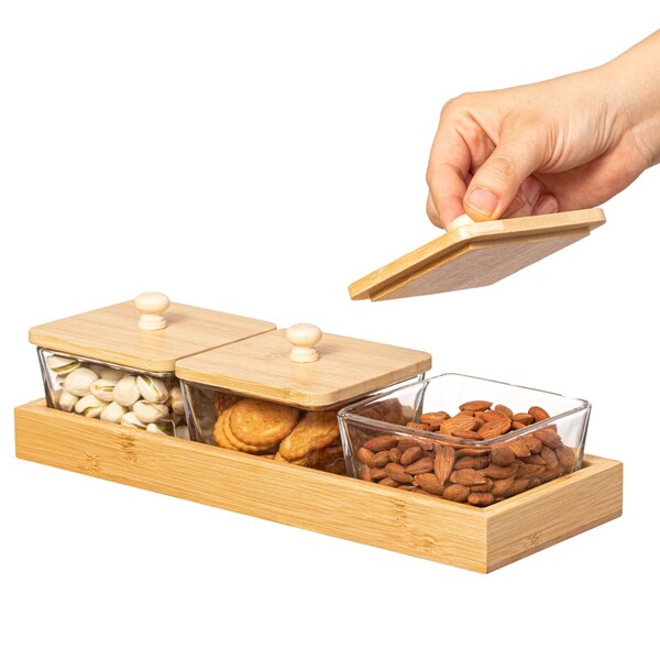 Basicwise Set of 3 Square Glass Jars with Bamboo Lids and Wooden Tray - Rectangular Charcuterie, Snack - QI004711.3