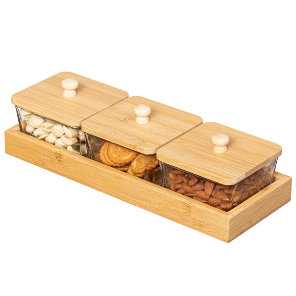 Basicwise Set of 3 Square Glass Jars with Bamboo Lids and Wooden Tray - Rectangular Charcuterie, Snack - QI004711.3