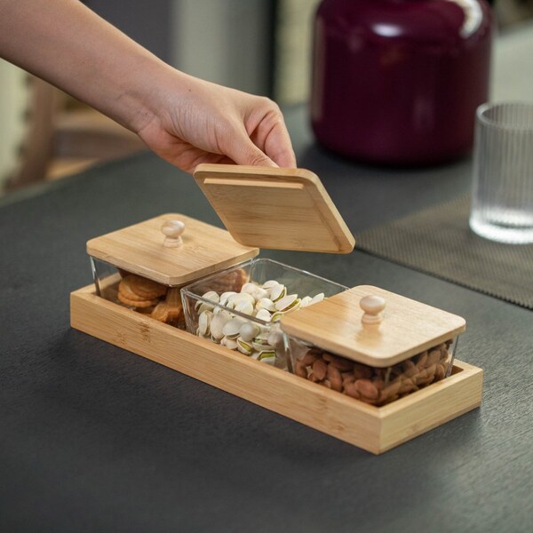 Basicwise Set of 3 Square Glass Jars with Bamboo Lids and Wooden Tray - Rectangular Charcuterie, Snack - QI004711.3
