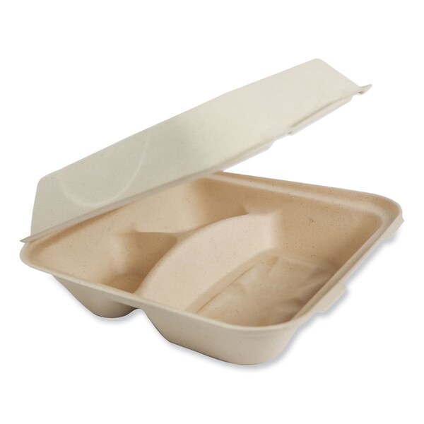 World Centric Fiber Hinged Containers, 3-Compartment, 9.3 x 9 x 3.3, Natural, Paper, 300PK - TO-SC-U9T-LFP
