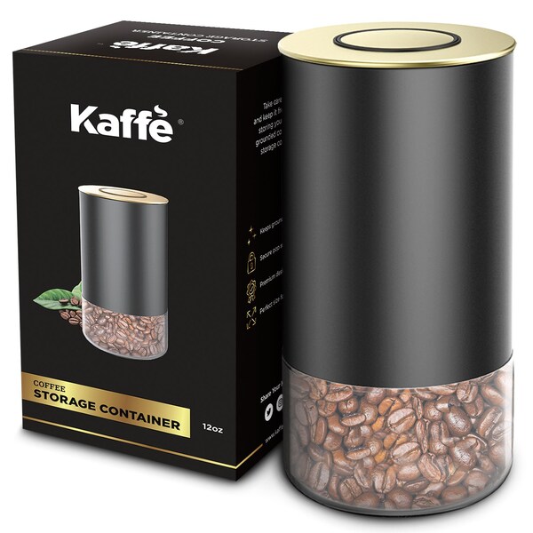 Kaffe Airtight Coffee Canister with Lid by  Storage Container - Round - Black/Gold - 12oz - KF3031G
