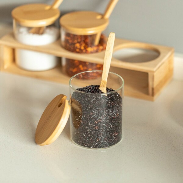 Basicwise 3-Piece Glass Containers with Bamboo Lids and Tray Holder - Decorative Storage for - QI004709