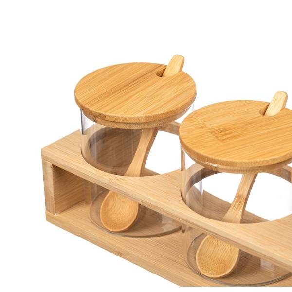 Basicwise 3-Piece Glass Containers with Bamboo Lids and Tray Holder - Decorative Storage for - QI004709
