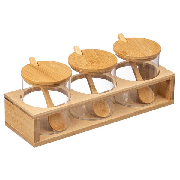 Basicwise 3-Piece Glass Containers with Bamboo Lids and Tray Holder - Decorative Storage for - QI004709