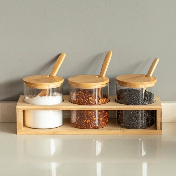 Basicwise 3-Piece Glass Containers with Bamboo Lids and Tray Holder - Decorative Storage for - QI004709
