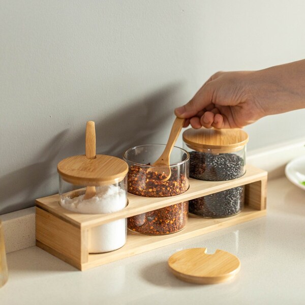 Basicwise 3-Piece Glass Containers with Bamboo Lids and Tray Holder - Decorative Storage for - QI004709