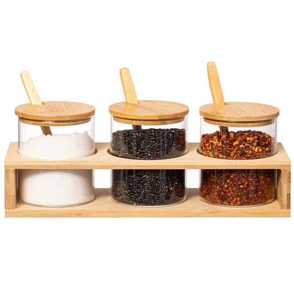 Basicwise 3-Piece Glass Containers with Bamboo Lids and Tray Holder - Decorative Storage for - QI004709
