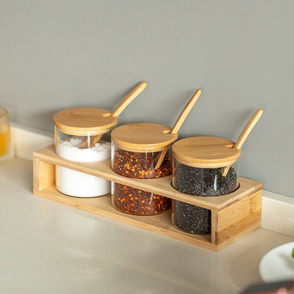 Basicwise 3-Piece Glass Containers with Bamboo Lids and Tray Holder - Decorative Storage for - QI004709