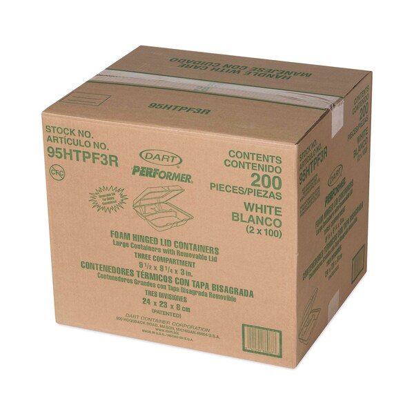 Dart Foam Hinged Lid Container, 3-Comp, 9.3 x 9 1/2 x 3, White, PK200 - 95HTPF3R