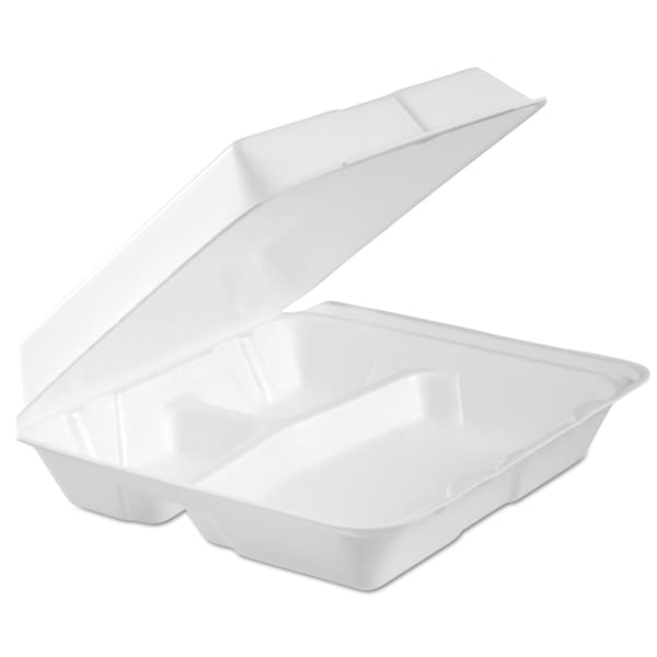 Dart Foam Hinged Lid Container, 3-Comp, 9.3 x 9 1/2 x 3, White, PK200 - 95HTPF3R