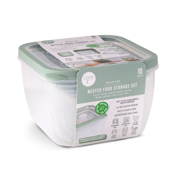 Core Kitchen 10pc Square Food Storage Set - 11.2oz/21.3oz/38.9oz/60.9oz/94.7oz - Succulent - 48549