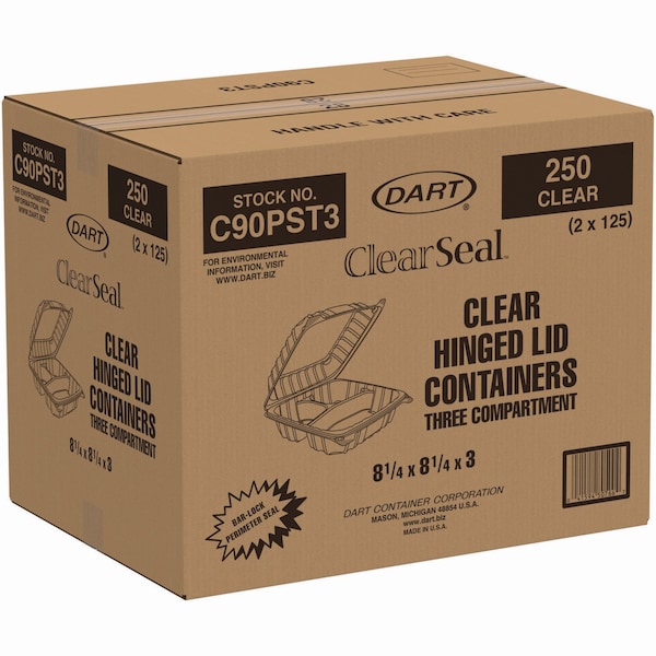 Dart ClearSeal Hinged-Lid Plastic Containers, 8.25 x 3 x 8.25, Clear, PK250 - C90PST3