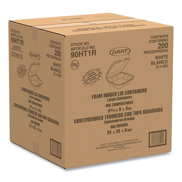 Dart Foam Hinged Lid Containers, 9.375 x 9.375 x 3, White, PK200 - 90HT1R